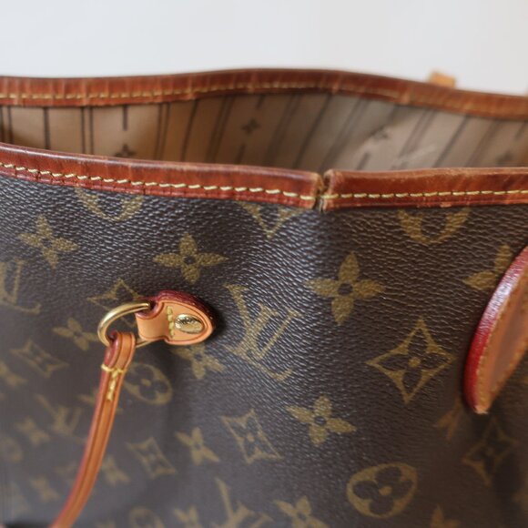 Authentic Women Louis Vuitton Brown Tan Canvas Leather Neverfull MM Tote Handbag - Picture 12 of 16